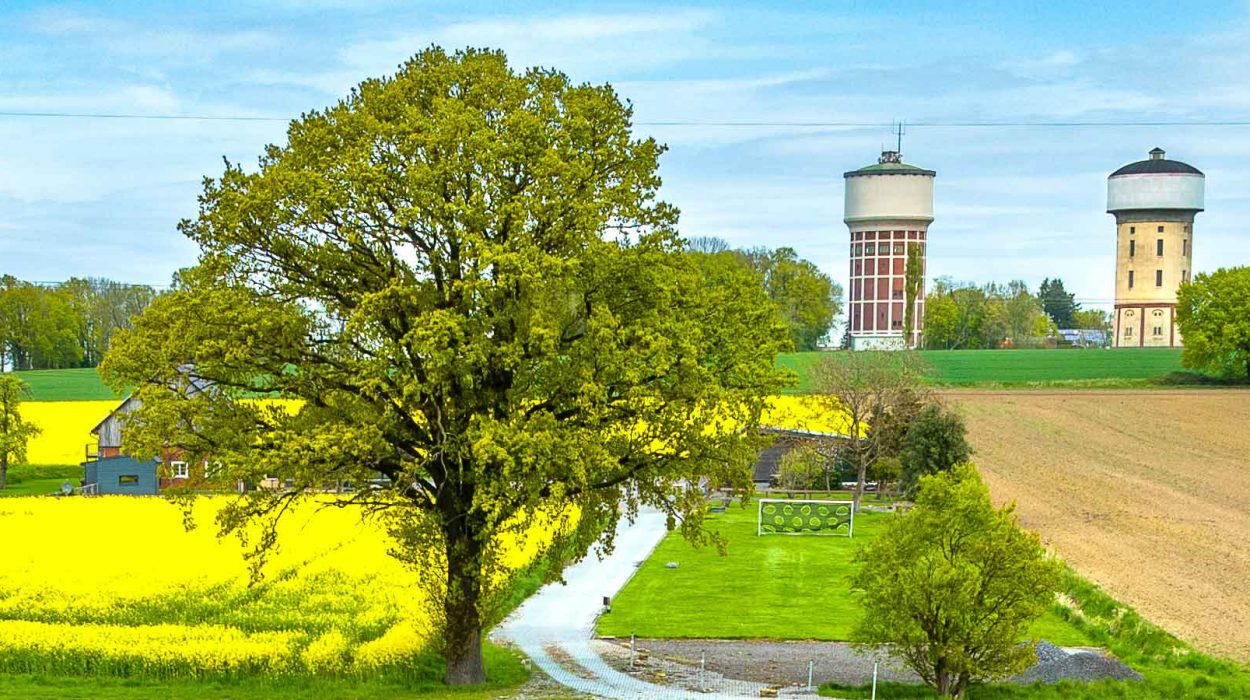Ländliche Szenerie mit einem großen, belaubten Baum im Vordergrund, eingerahmt von einem leuchtend gelben Rapsfeld links und einem frisch gepflügten Acker rechts. Ein schmaler Weg führt durch das Feld zu einem Bauernhaus. Im Hintergrund stehen zwei markante Wassertürme – einer rot-weiß gemauert, der andere beige – auf einem Hügel, umgeben von Bäumen und Wiesen unter einem leicht bewölkten Himmel.