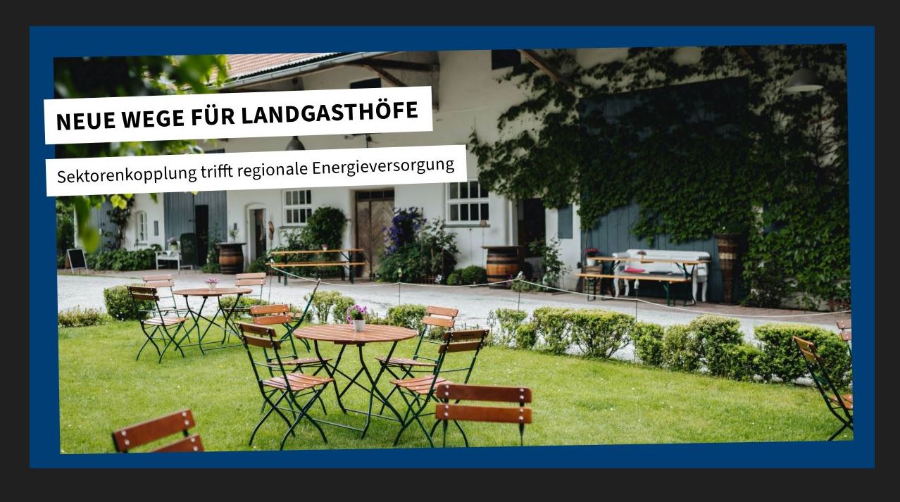 Innenhof Landgasthof; Text: ‚Neue Wege für Landgasthöfe – Sektorenkopplung trifft regionale Energieversorgung‘.